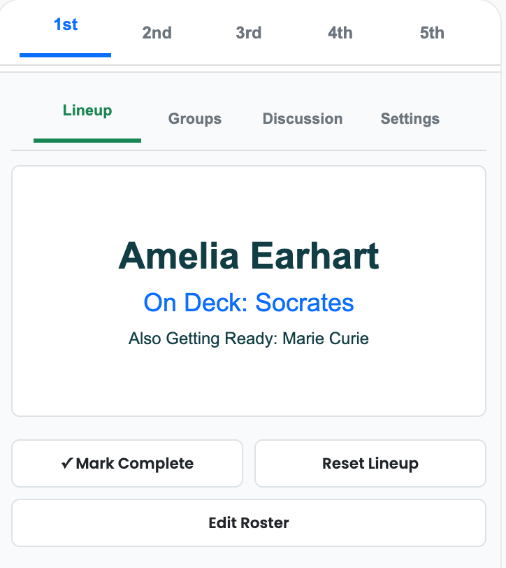 PrepPanel random student picker interface showing queue-based student name picker