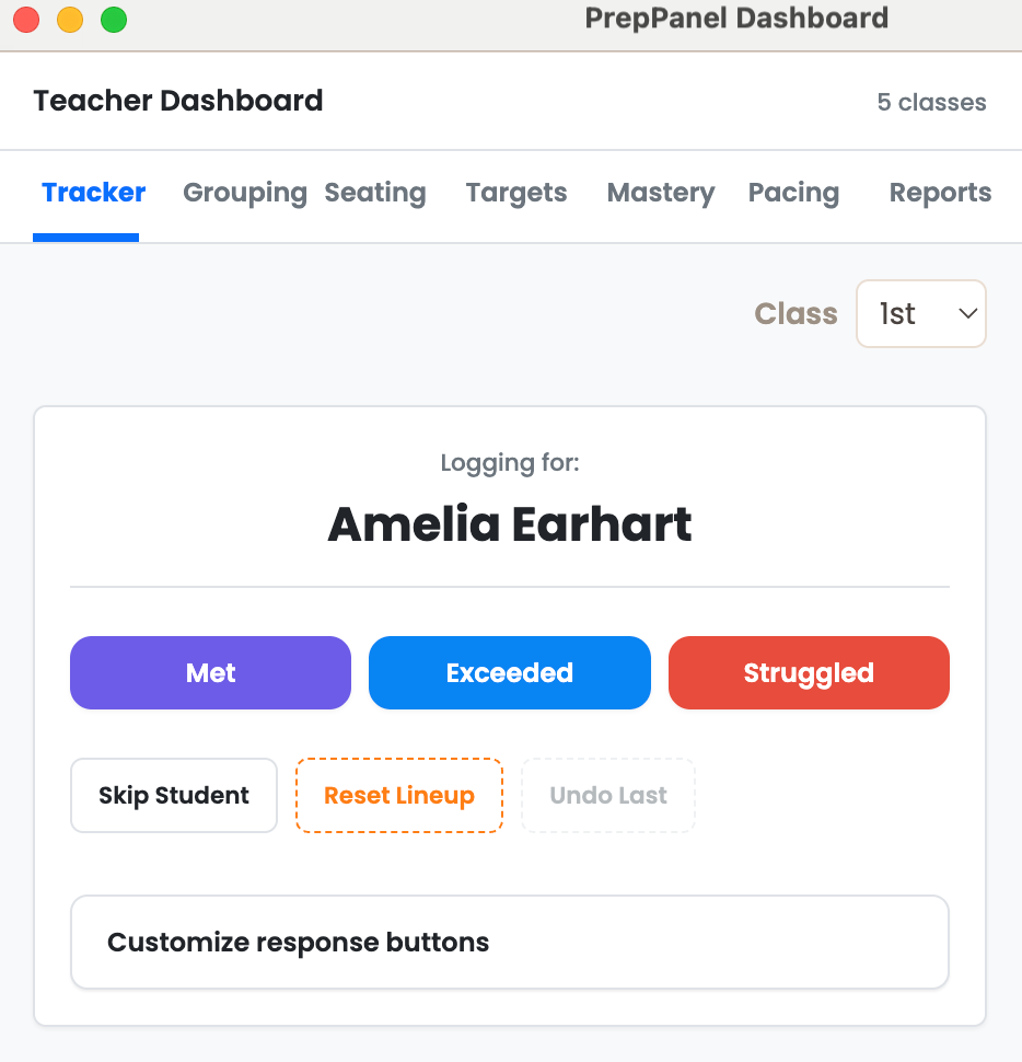 Student participation tracker dashboard showing response quality over time