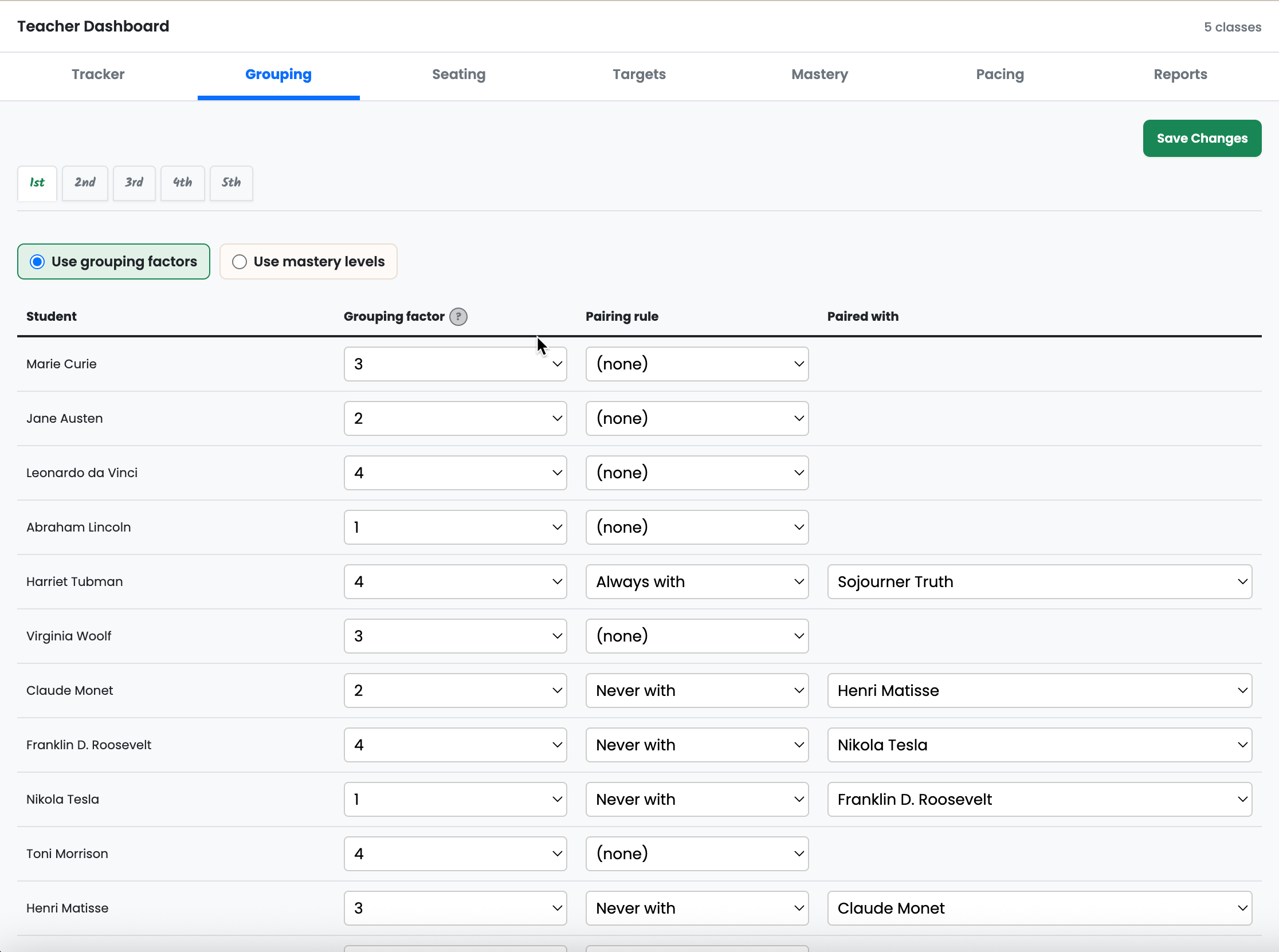 Group generator settings for ability levels and pairing rules